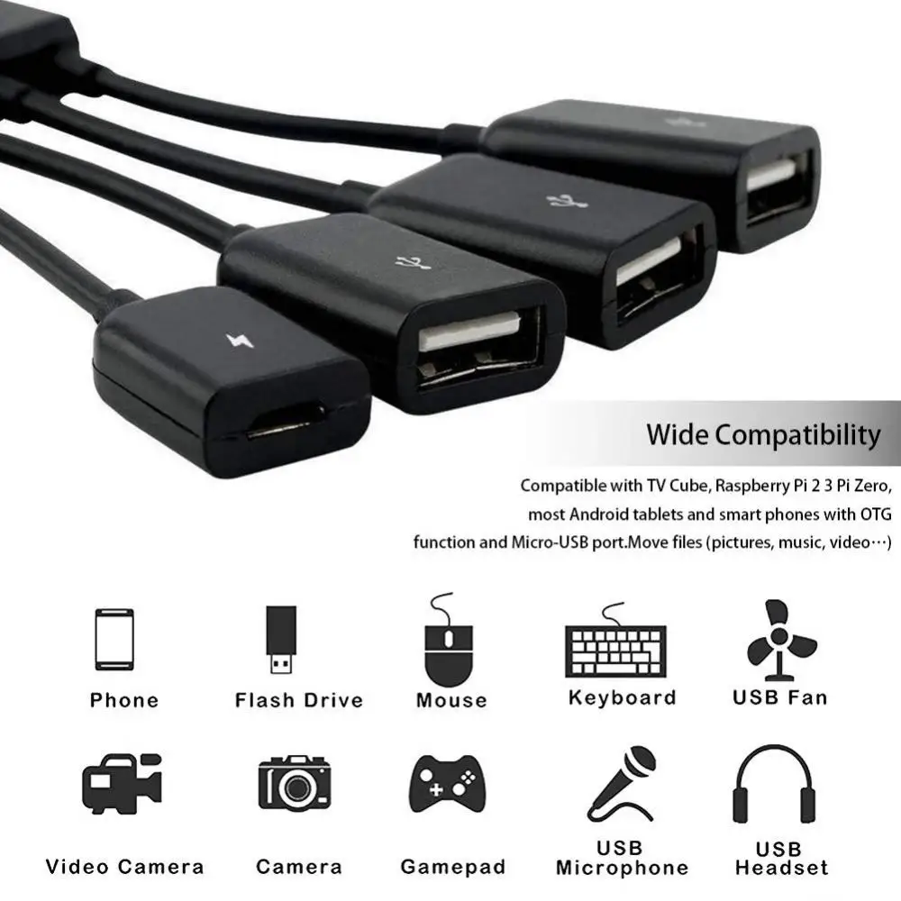 

4 in 1 Ports Micro USB HUB Adaptor with Power Charging OTG Hub Host Cable Cord Adapter for Android SmartPhones Tablets