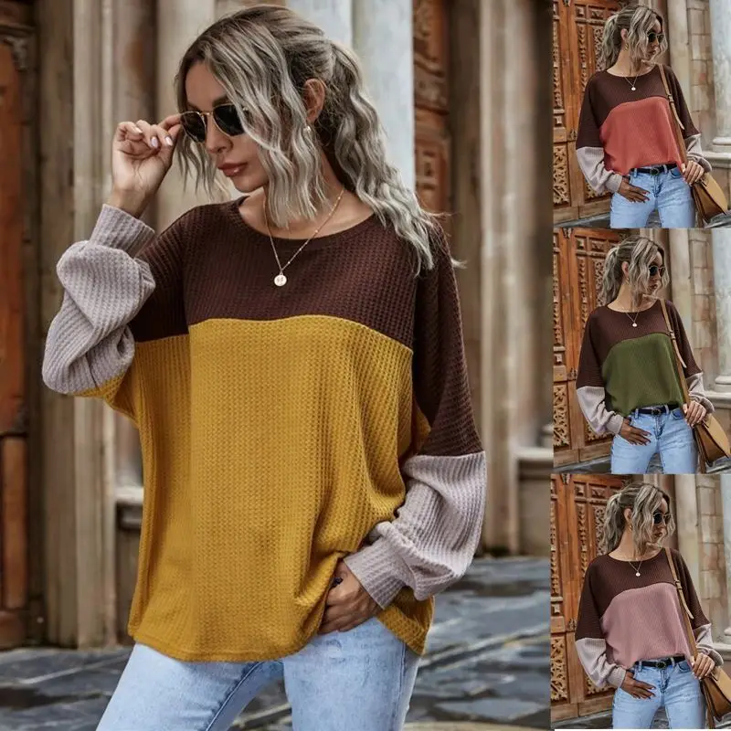 

2023 New Contrast Panel Waffle Long Sleeve Casual Top for Women