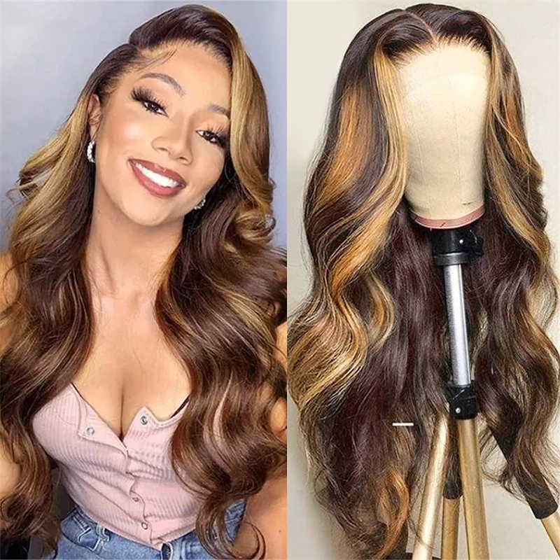 

Highlight Body Wave Brazilian Human Hair Wig With Baby Hair Full Lace Wig With 4x4 Silk Base Glueless Pre Plucked Bleached Knots