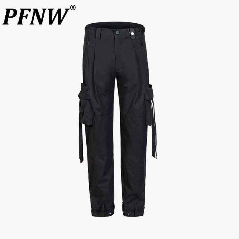 

PFNW Spring Summer Men's Tide Darkwear Ribbon Cargo Pants Washable Fashion Solid Color Handsome Casual Techwear Trousers 12A8153