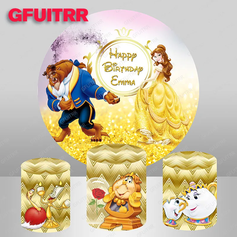 

Disney Beauty and the Wild Round Photography Backdrop Princess Belle Birthday Photo Background Yellow Circle Photo Booth Props