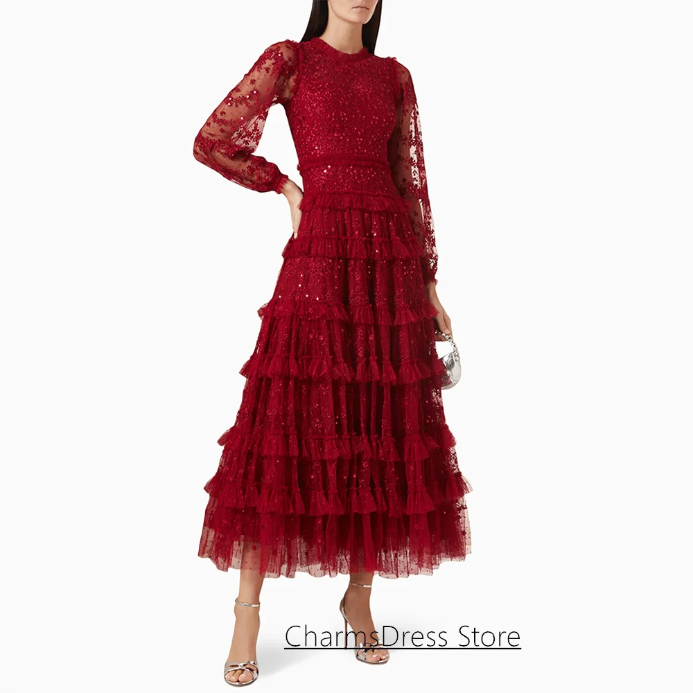 Фото Индивидуальное вечернее платье из кружева с длинными рукавами, круглым вырезом, многоярусной юбкой и пайетками, А-силуэт, для вечеринок в стиле Саудовской Аравии, выпускное платье №3
