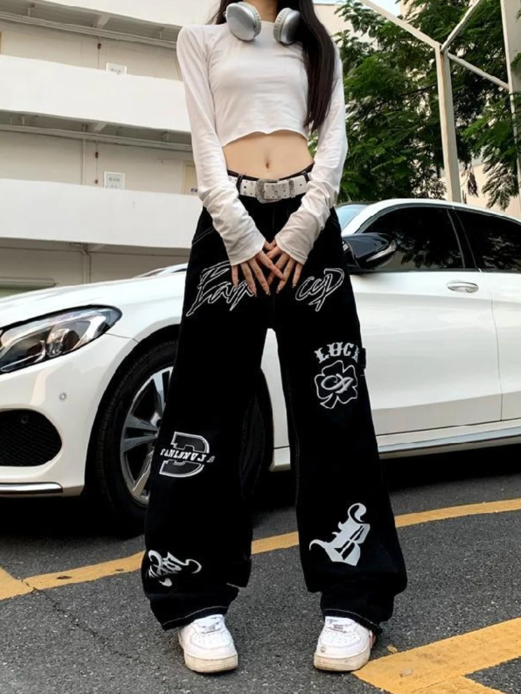 

Harajuku Korean Fashion Black Baggy Women Jeans Retro Lettering Printed Overalls Straight Wide Leg Jeans 2023 New for Women