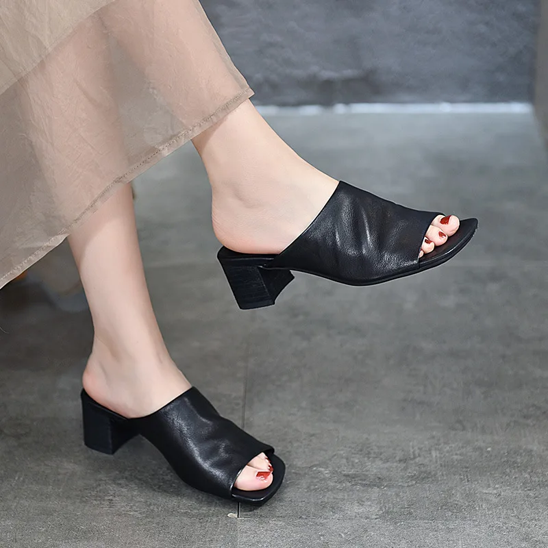 

Шлепанцы Birkuir женские на высоком каблуке 5 см, натуральная кожа, открытый носок, квадратный носок, роскошные летние уличные тапочки, сланцы