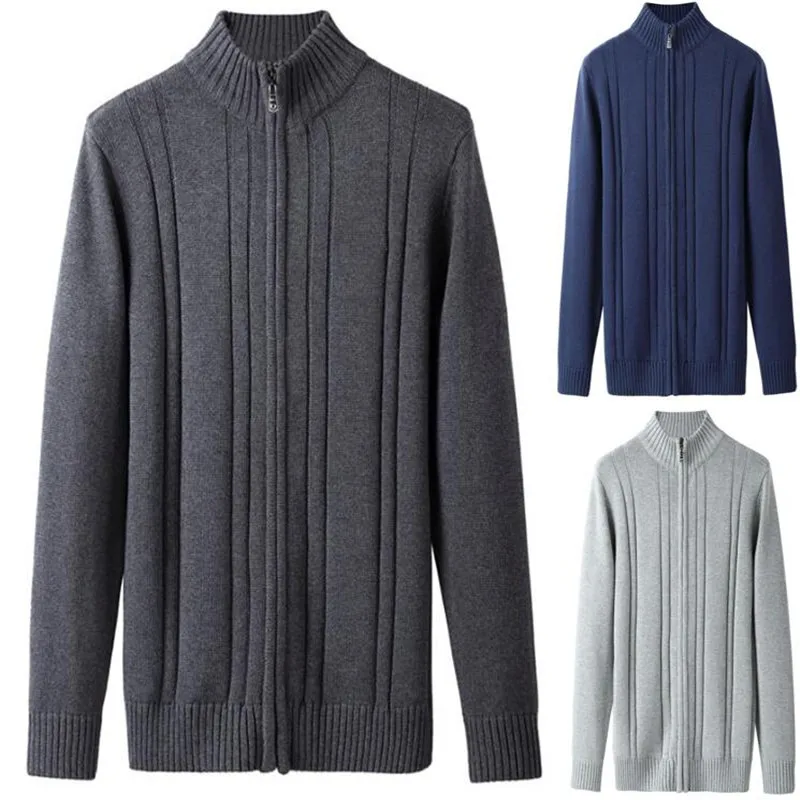 

New Men's Solid Color Trendy Wool and Cotton Knitted Sweater with Zipper