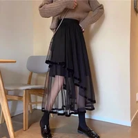 2022 korean version of retro solid color high waist mesh womens skirt a line irregular stitching princess skirt