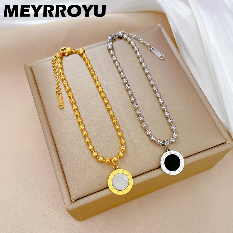 

MEYRROYU 316 Stainless Steel Golden Roman Numeral Pendant Bracelet Bead Chain For Women Fashion Jewelry Gift Bijoux Accessories