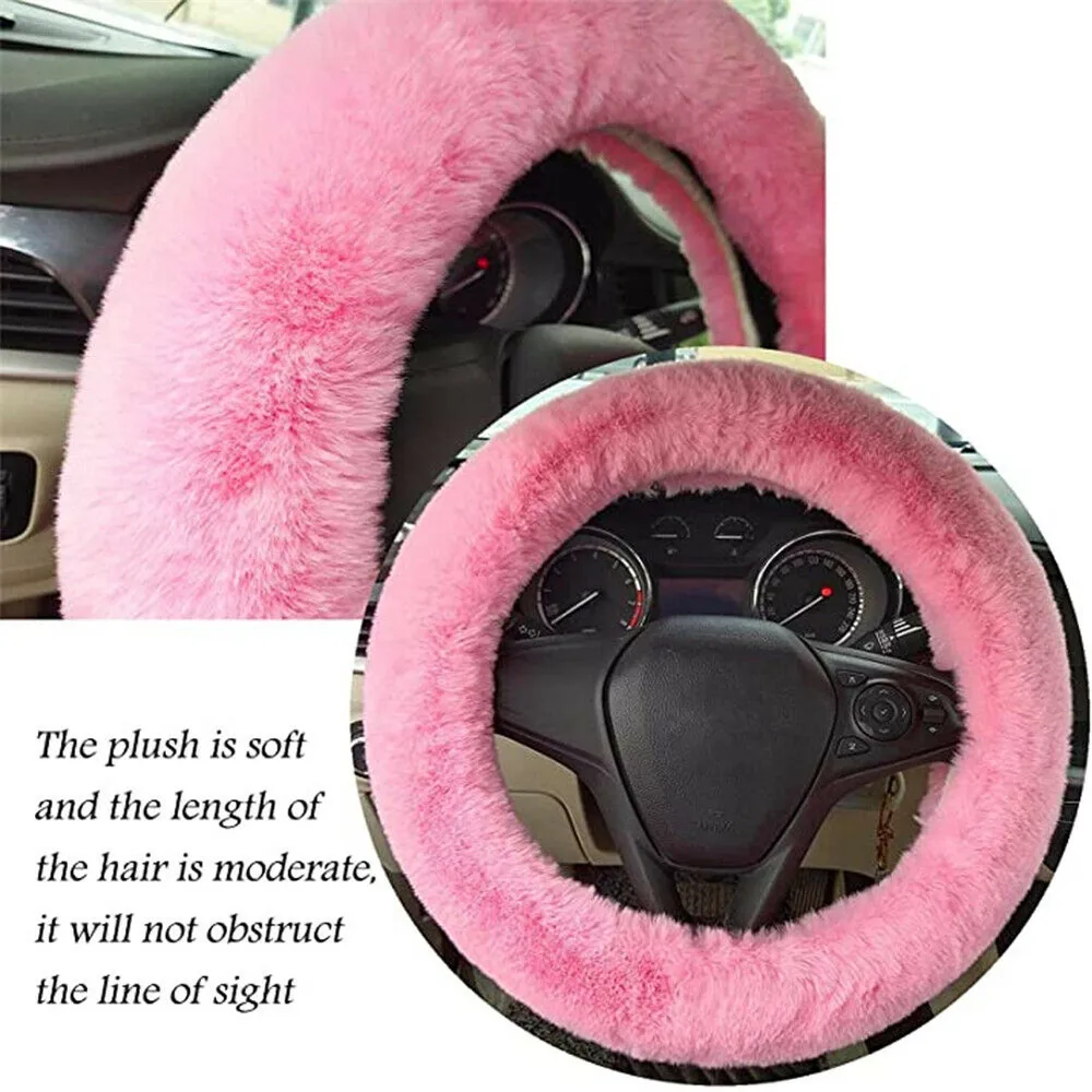 

3pcs Fur Fluffy Thick Auto Car Steering Wheel Plush Handbrake Shift Gear Cover Soft Wool Winter 14.96inch Four Seasons Faux Wool