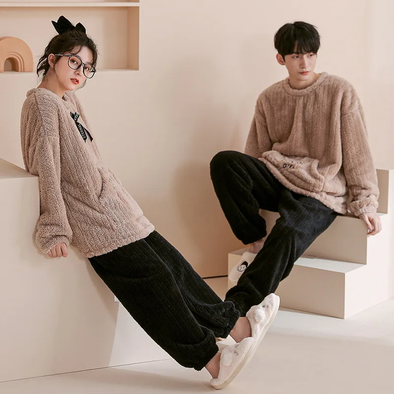 Flannel Pajamas Set for Couple Women Winter Thickening Men and Women's Pajamas Pullover Coral Fleece Long-sleeved Home Service