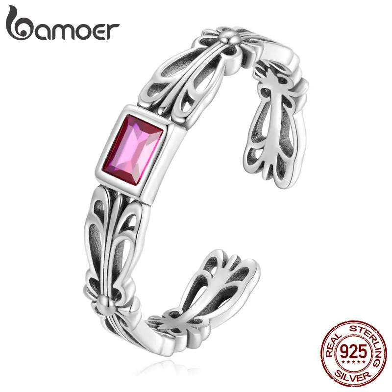 Bamoer 925 Sterling Silver Vintage Pattern Open Ring Red Zircon European Retro Ring for Women Birthday Gift Fine Jewerly SCR880