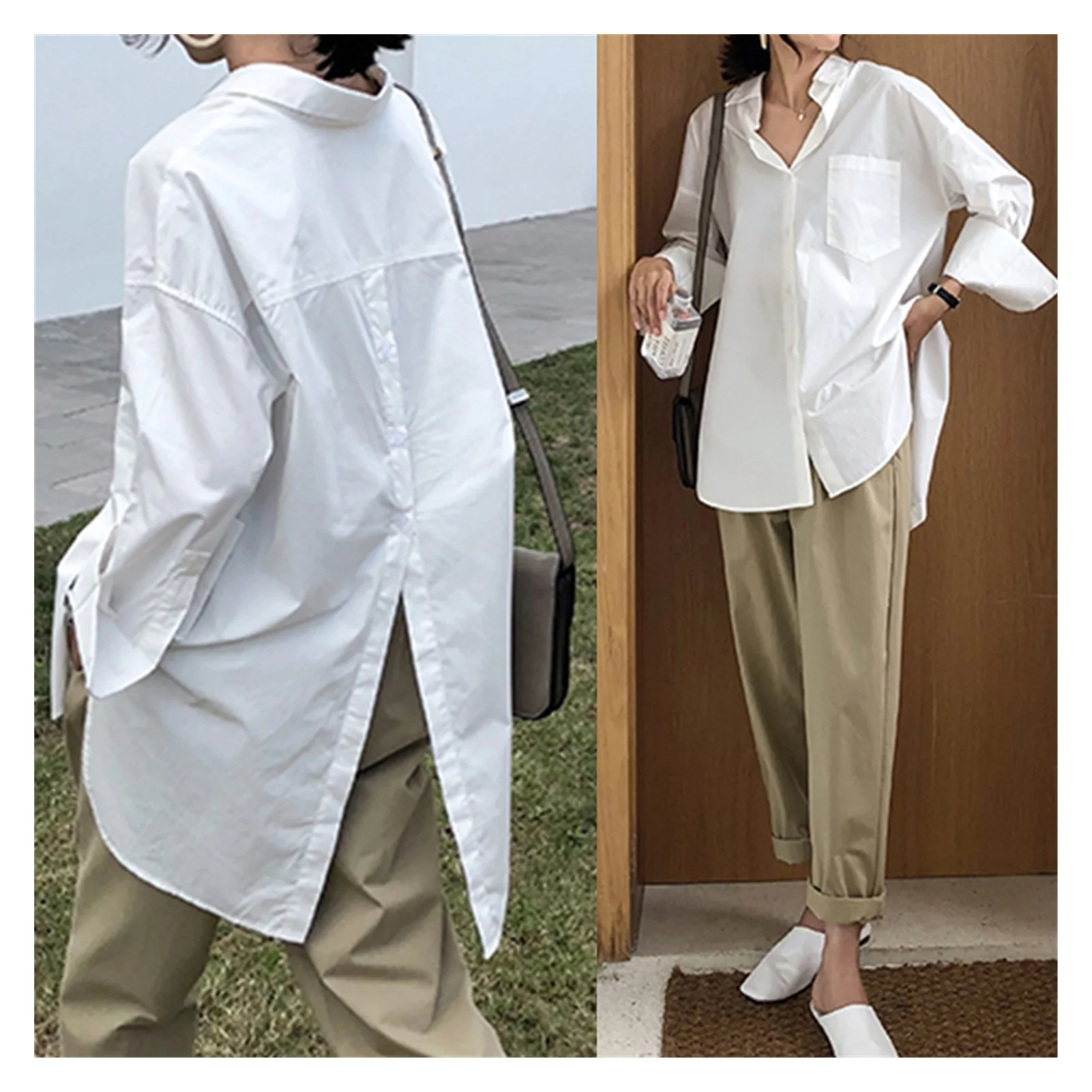 

2022NEW Women White Shirt 2021 Autumn Blouses Lapel Casual Solid Long Sleeve Buttons Asymmetric Tunic Top Blusas Oversize