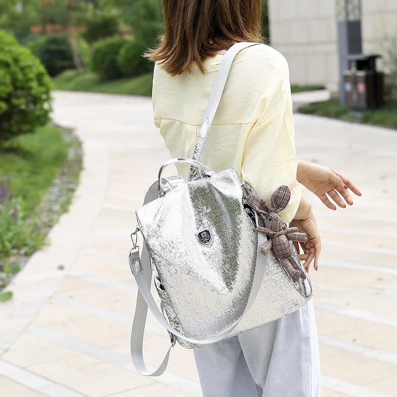 2022 New Casual Women Backpacks PU Leather Anti-Theft Black Backpack Girls School Shoulder Bag with Bear Black/Silver