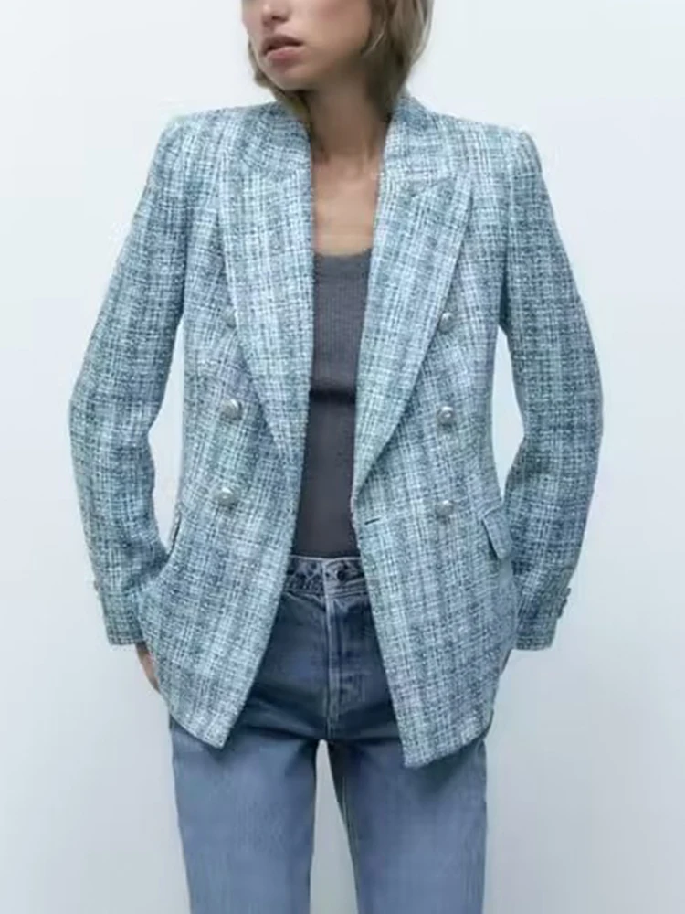 

TRAF Women Tweed Blazer Coats 2022 Autumn Winter Elegant Female Office Coat Double Breasted Fitted Long Sleeve Outwear