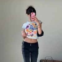 sexy y2k aesthetic butterfly print cute bady tees vintage 2000s retro o neck short sleeve white kawaii t shirts summer crop top
