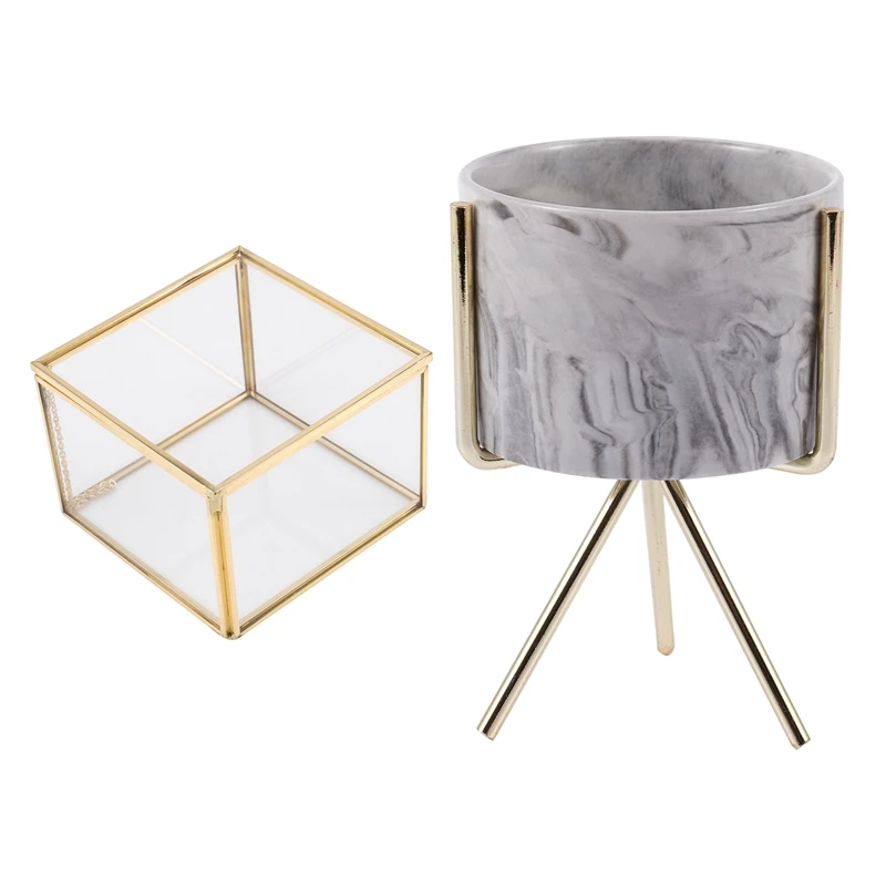 Square Opening Glass Geometry Garden Jewelry Box With Nordic Home Minimalist Style Marble Vase