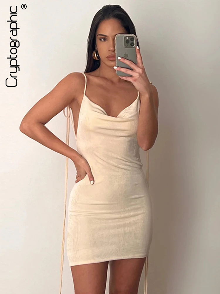 

Cryptographic, элегантная драпировка на тонких бретелях, мини-платье для женщин, летняя одежда без рукавов с открытой спиной, Сексуальные вечерние...