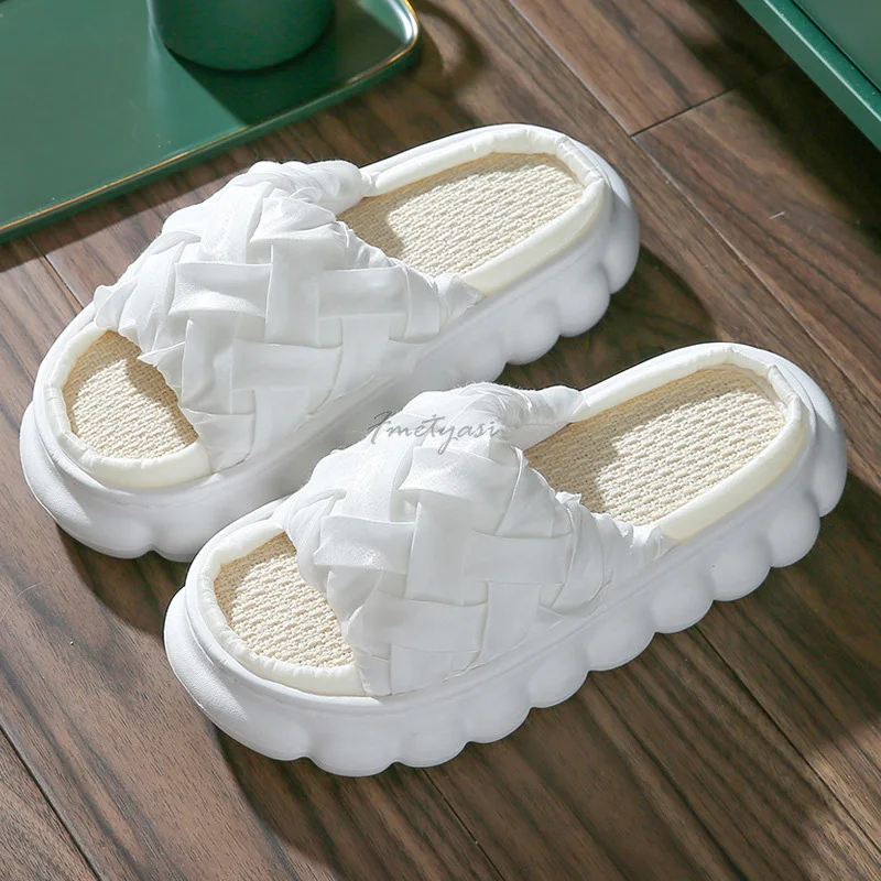Linen Weave Slippers House for Women Thick Sole Shoes for Female Thick Platform Slippers Indoor Non-Slip Woman Slides for Home