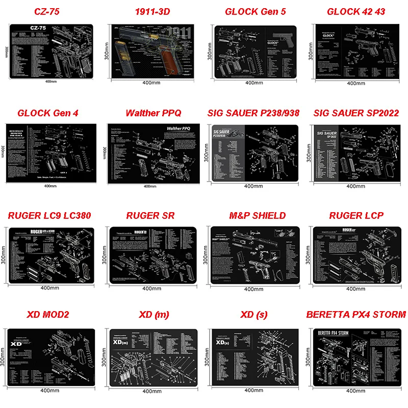 Резиновый коврик для мыши чистки пистолета HK USP 1911-3D Glock CZ-75 Ruger Sig Sauer P220 P226 P229 P365