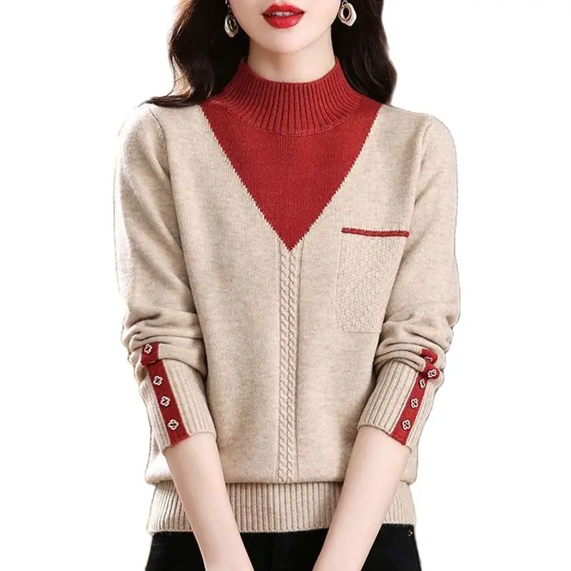 

Add Velvet Thickening Half-Turtleneck Bottoming Shirt Women Sweaters Autumn Winter Knitting Fake Two-Piece Temperament Tops