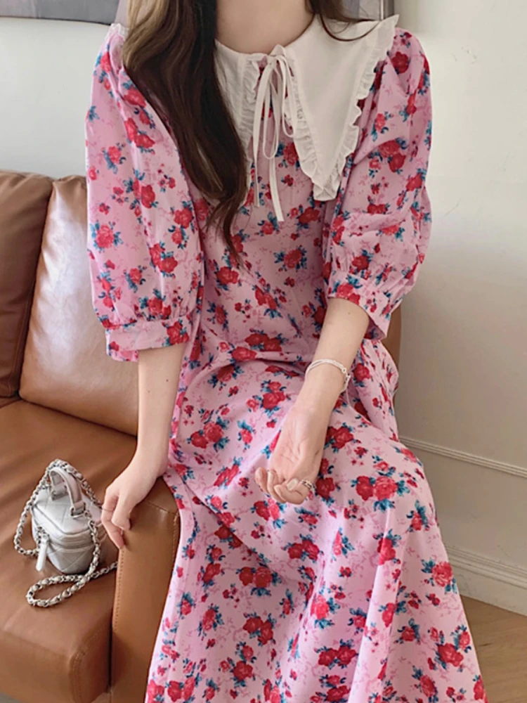 

Gaganight Women Sweet Doll Collar Tie Loose Puff Sleeves Floral Dress 2022 Korean Summer French Long Dresses Female Vestidos