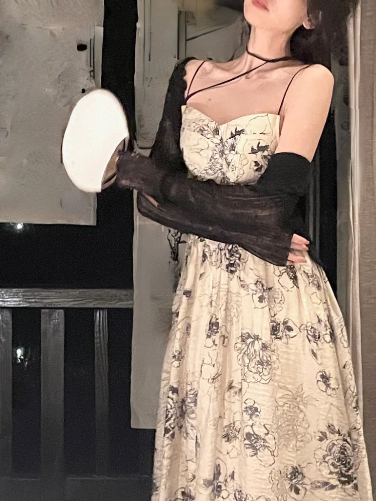 

Французское винтажное платье на бретельках с цветочным принтом, повседневное вечернее цельное платье для вечеринки, платье без рукавов, Woan