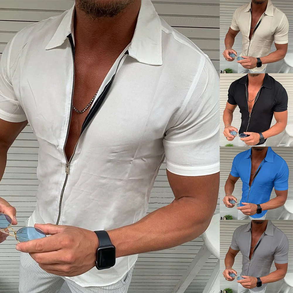 

Ice Silk Printed Men's Shirt 2023 Summer New Fashion Simple Zipper Short-Sleeved Shirt Casual Cardigan