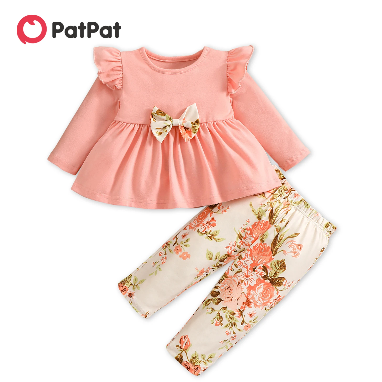 

PatPat 2pcs Baby Dark Green Cotton Long-sleeve Bowknot Top and All Over Leaves Print Trousers Set