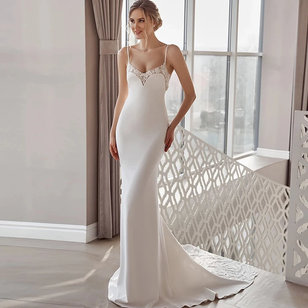 

Spaghetti Straps Wedding Dress For Bride 2022 Sleeveless Backless Sexy Mermaid Bridal Gowns Lace Appliques Boho Vestido De Noiva
