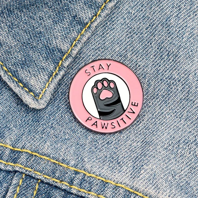 

Stay Pawsitive Pink Cat Paw Cartoon Cowboy Brooch Enamel Pins Metal Brooches for Women Badge Pines Metalicos Brooch Accessories