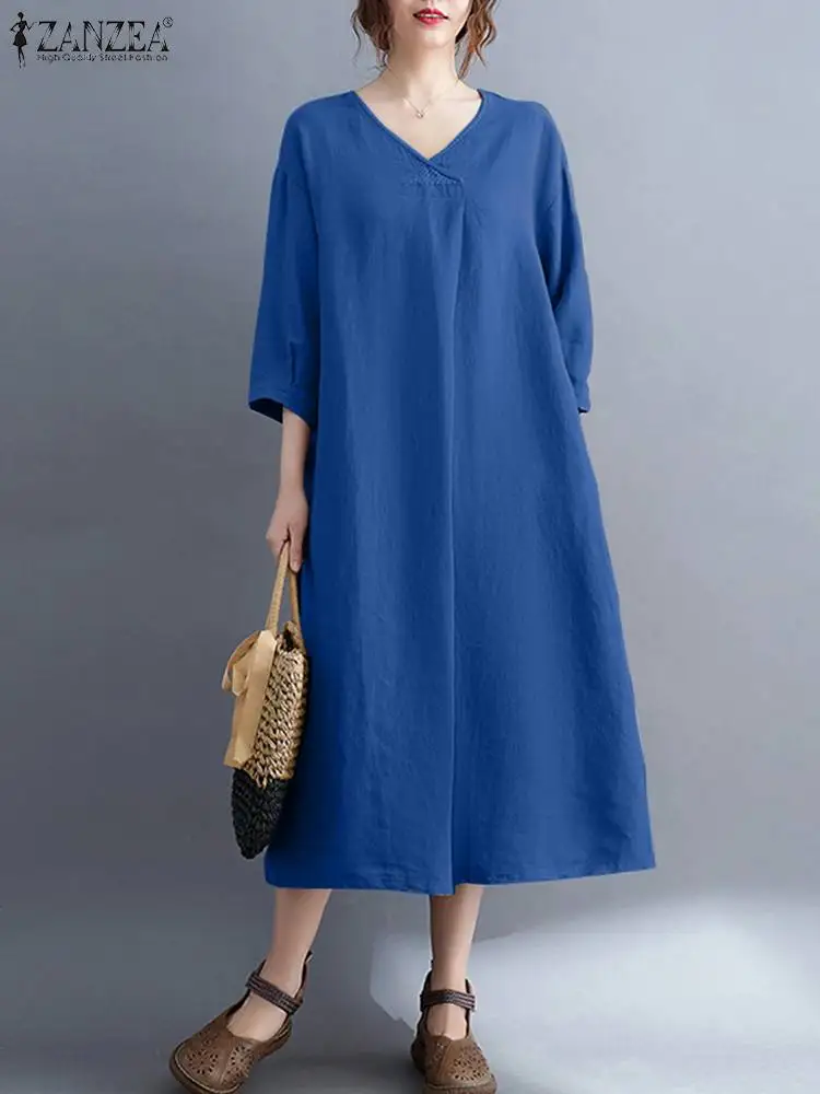 

Модель 2022 года, модные женские платья-Макси ZANZEA большого размера в стиле ретро, повседневный однотонный мешковатый сарафан, летние женские ...
