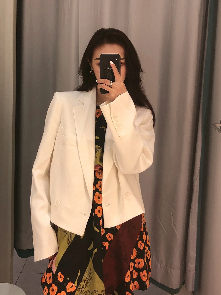 

Spring Fall 2022 New Retro Casual Women's Fashionable Lapel Double Breasted Pocket Trim Short Chic Long Sleeve Suit Jacket