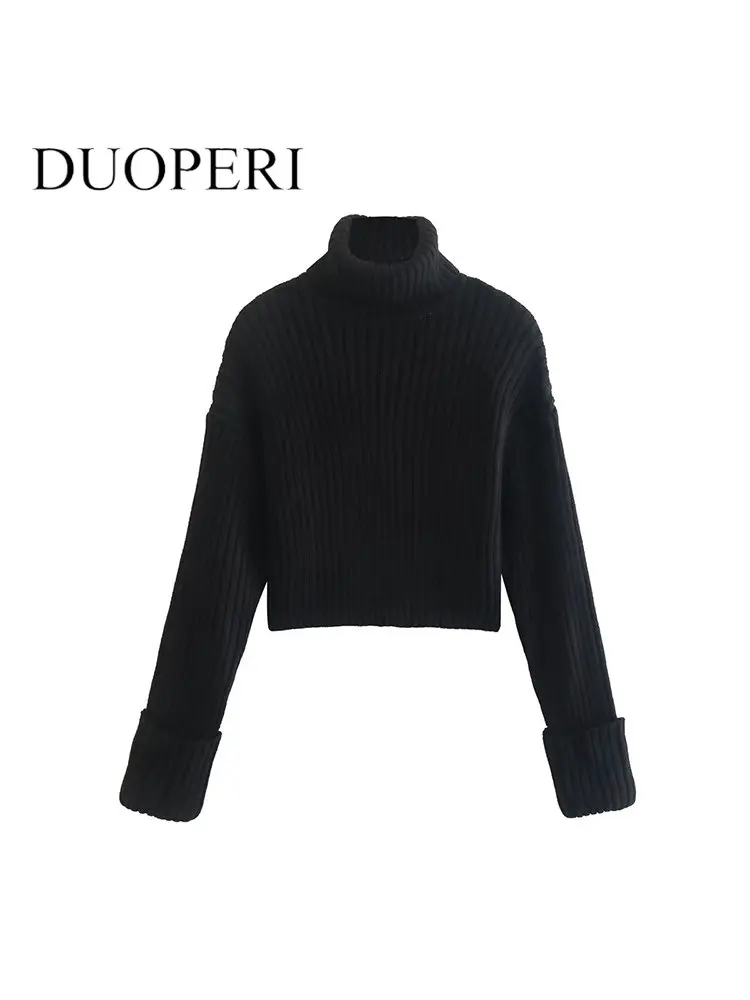

DUOPERI Women Fashion Thread Knitted Pullover Sweater Vintage High Neck Long Sleeves Female Chic Lady Tops