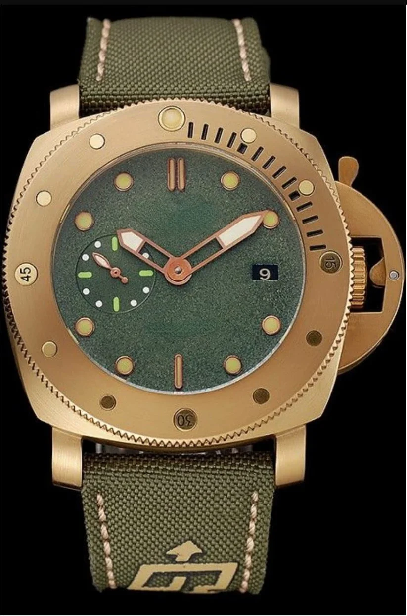 

mens automatic mechanical watch GMT Yellow Gold Green Canvas Leather