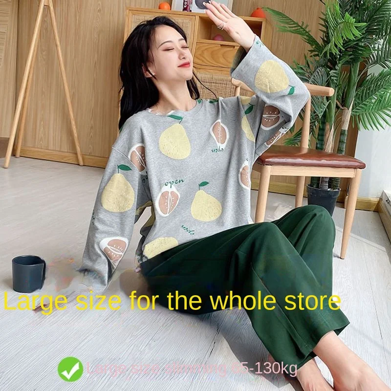Pajamas Women's Spring and Autumn Cotton Long Sleeves Korean Version Loose Large Size Fat Sister Plus Fat Plus Wearable Suit