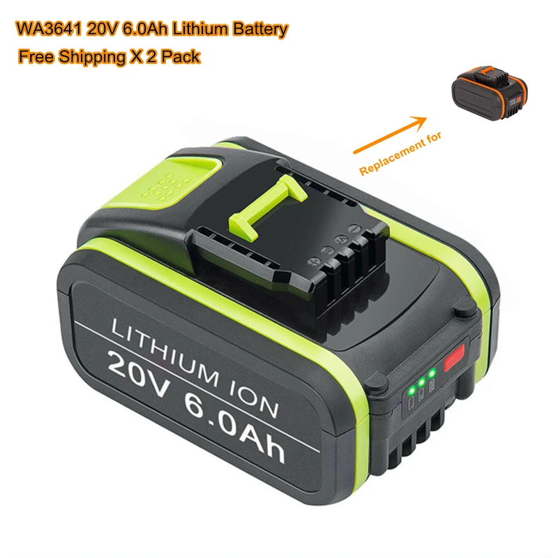 

2 Pack 20V 6.0Ah Li-Ion Battery for WORX 20V Cordless Tools for Worx Powershare WA3014 WA3551.1 WA3553 WA3570