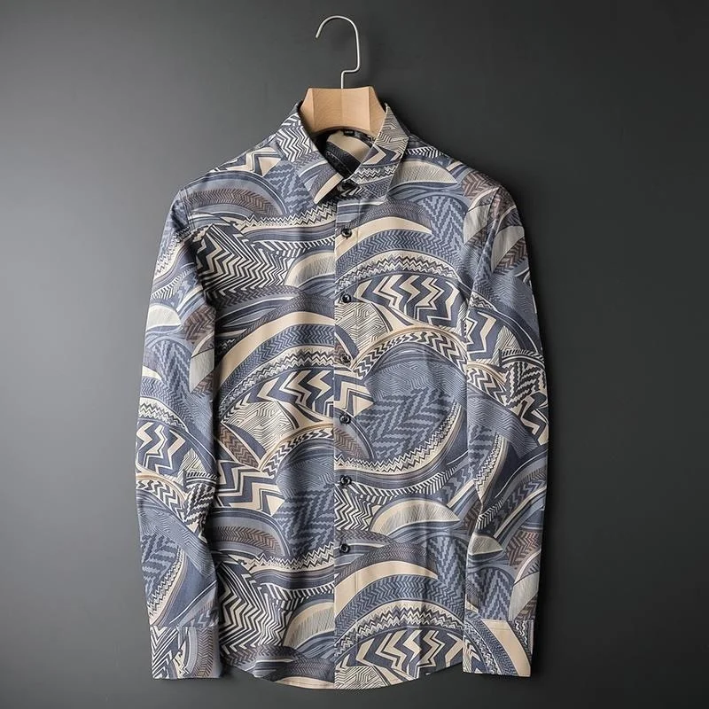 

Роскошная брендовая Осенняя новая приталенная рубашка с длинным рукавом и персонализированным принтом для молодых мужчин, модная декоративная рубашка, не требует глажки