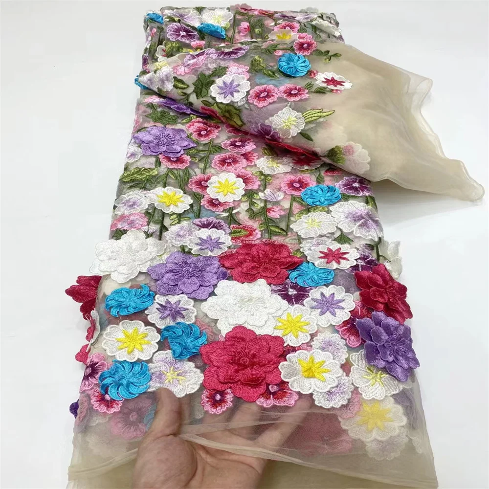 Горячая Распродажа африканская аппликация 3D Цветы Тюль Кружева Ткань 2024 высокое