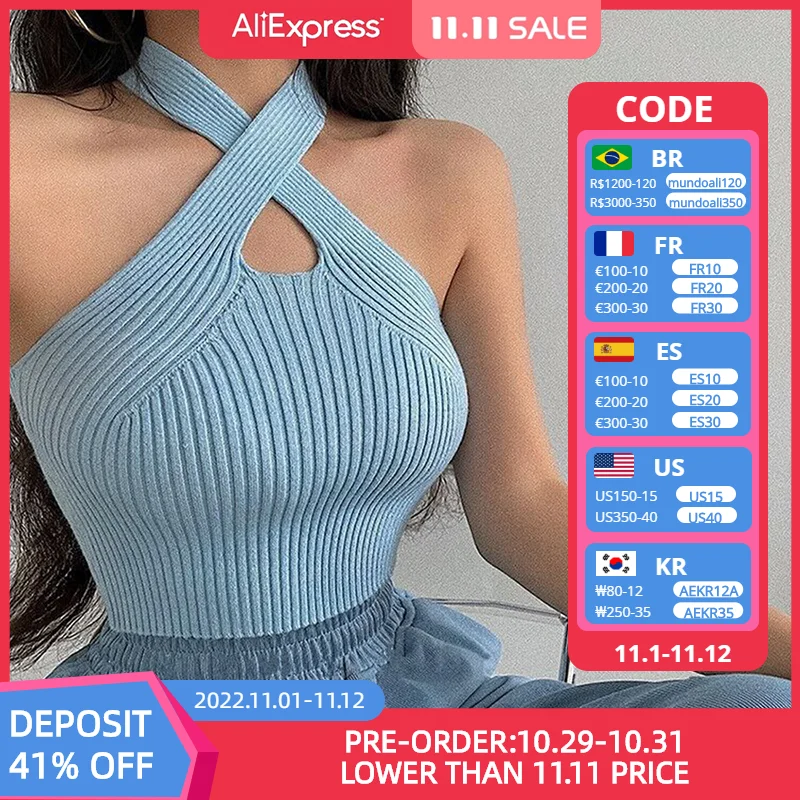 

Halter Off Shoulder Hollow Out Clubwear Tank Vest Crop Tops 2022 Sexy Summer Solid Color Bodycon Party Tank Streewear Bustier