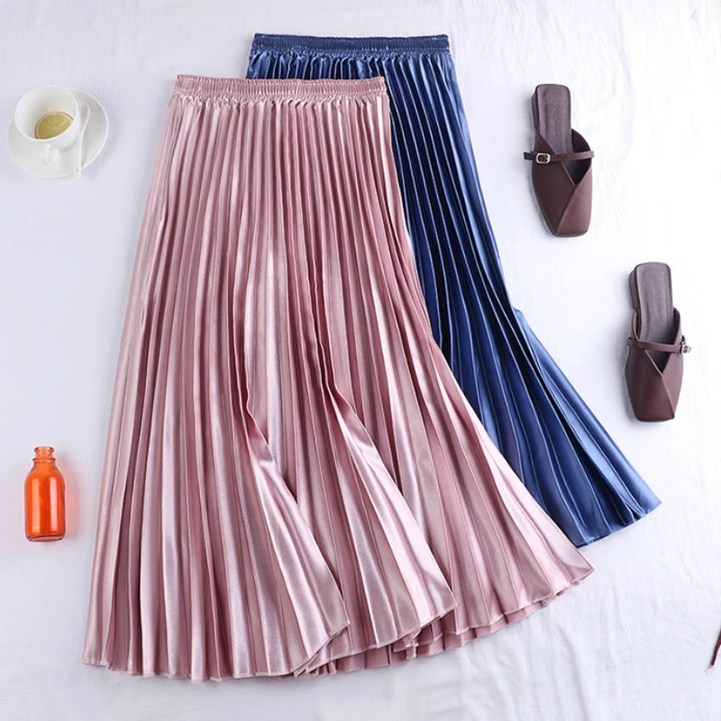 

Летняя Корейская блестящая атласная однотонная блестящая трапециевидная юбка с металлическим блеском и эластичным поясом