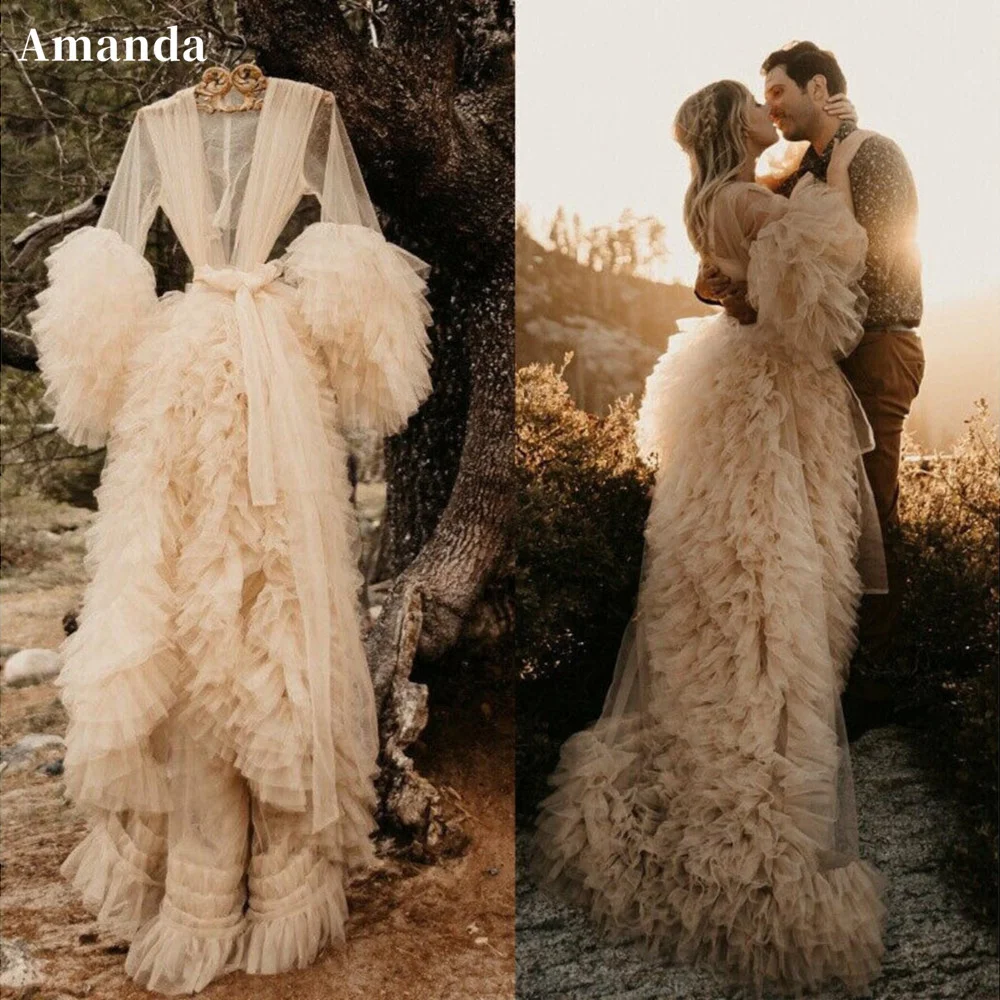 

Женское Прозрачное платье на выпускной Amanda, элегантное фатиновое платье с манжетами в виде яиц, V-образным вырезом и шлейфом, 2023