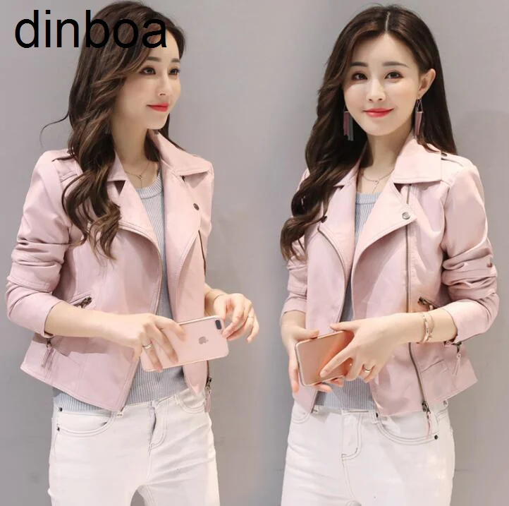 

2023 New Spring and Autumn Leather Jacket Women Short Korean Style Slim Pink Pu Small Coat Motorcycle Leather Jacket Large Size