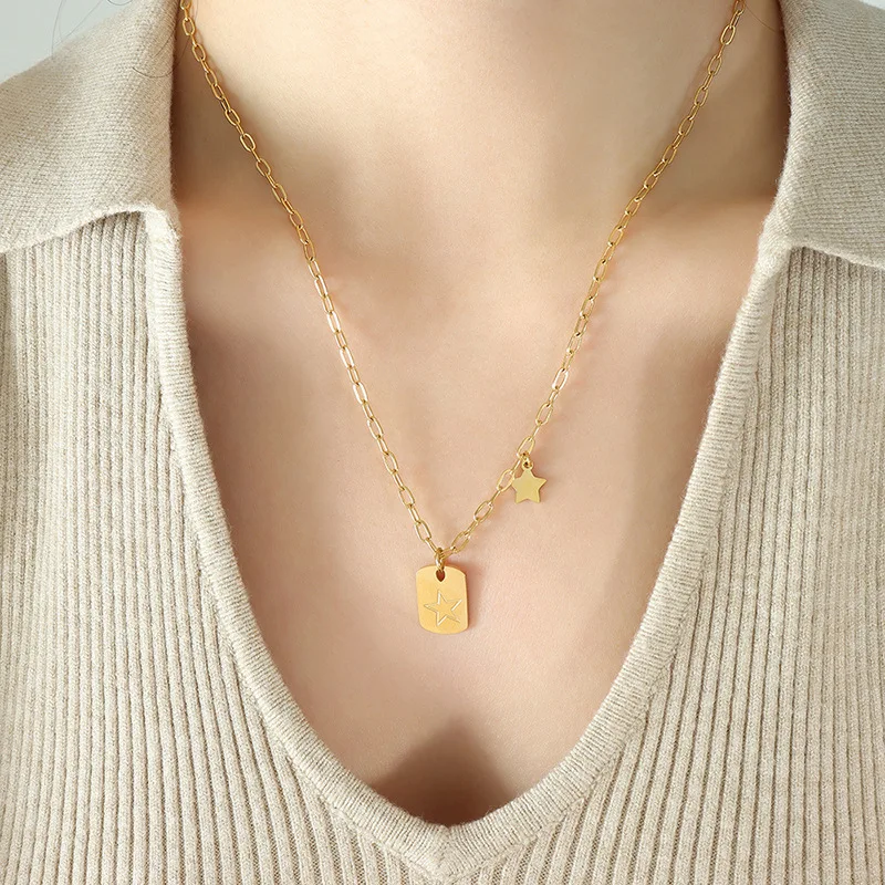

Christmas Ins Ornament Five-Pointed Star Square Plate Pendant Sweater Necklace Female Niche Design Titanium Steel Clavicle Chain