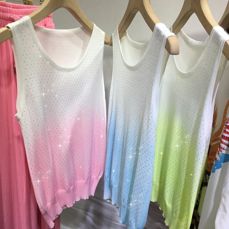 

Cool Colorful Gypsophila Hot Drilling Women Camisole Wear Inside Out Gradient Sleeveless Bottoming Top Shiny Summer Knit Tanks