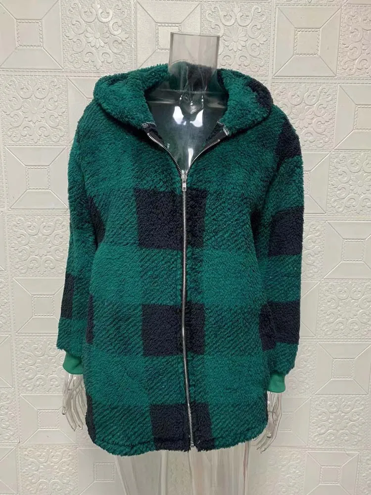 2022 Autumn Winter Plaid Faux Fur Coat Women Teddy Coat Hooded Jackets Female Furry Teddy Bear Plush Jacket Women