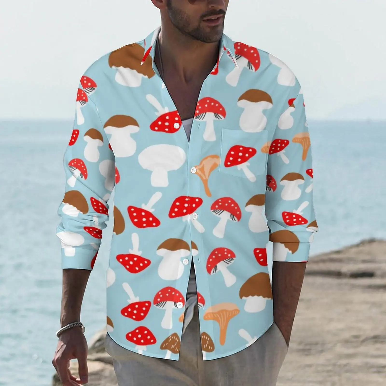 

Cute Mushroom Street Style Casual Shirt Male Colorful Mush Shirt Autumn Retro Blouses Long Sleeve Graphic Oversized Clothing
