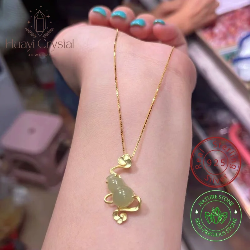 

Natural Hetian Jade Gourd Pendant With Auspicious Clouds in 925 Sterling Silver Fine Jewellery for Women