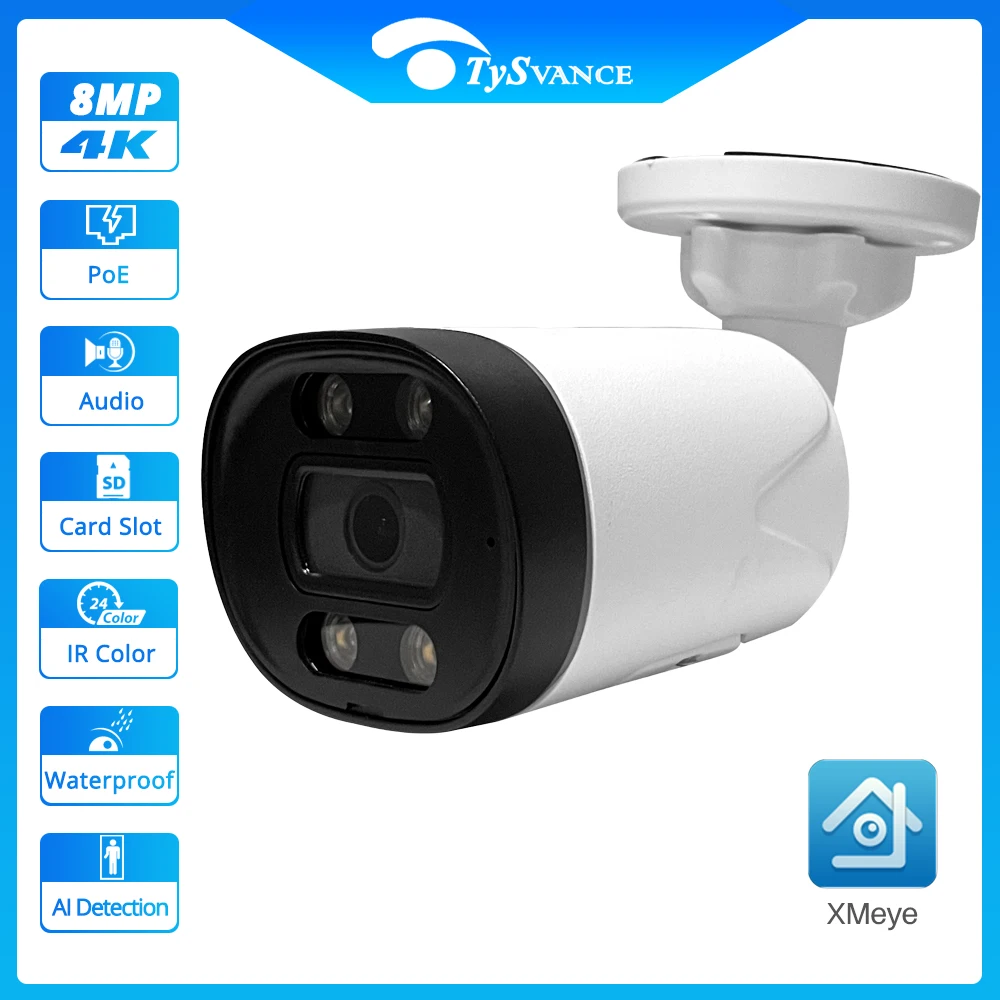 

New 8MP 4K IP Camera Outdoor Ai Humanoid Detection H.265 Onvif Color Night Vision POE Audio Security SD Card Slot Xmeye ICSEE