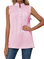 women sleeveless chiffon solid ruffle neck button pleasted casual tops