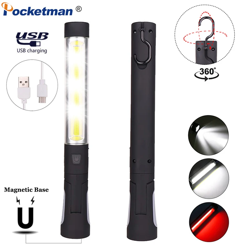 

Portable Work Light COB LED Flashlight Magnetic Torch USB Rechargeable 360 Rotate Worklight Flexible Inspection Lamp with a Hook