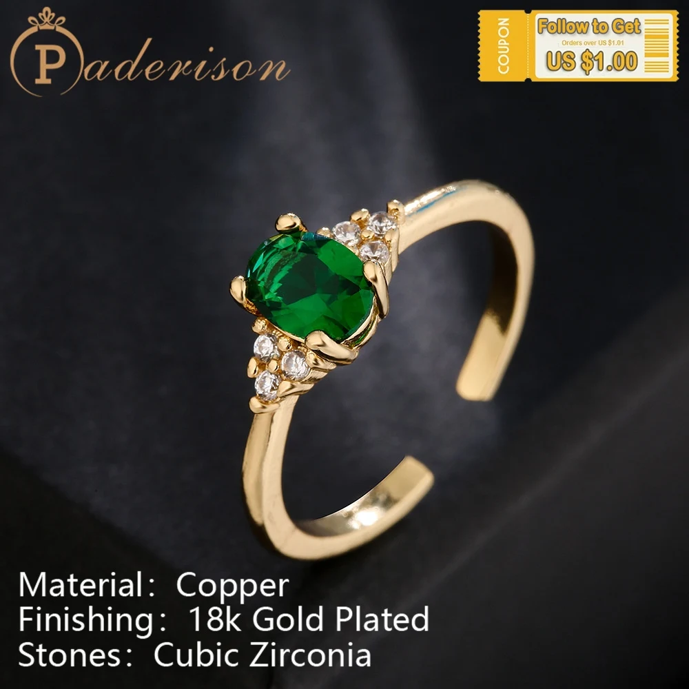 

Vintage Green Zircon Opening Ring For Women Copper 18K Gold-Plated Geometric Adjustable Retro Luxurty Party Shiny Ring